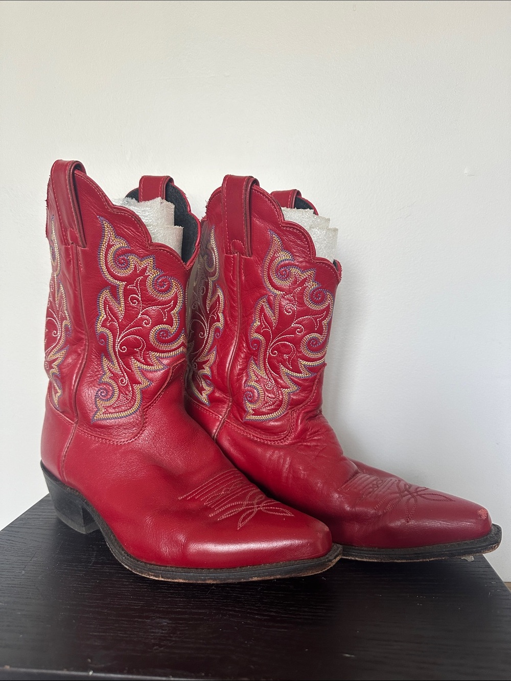 Cherry Red Embroidered Leather Cowboy Boots